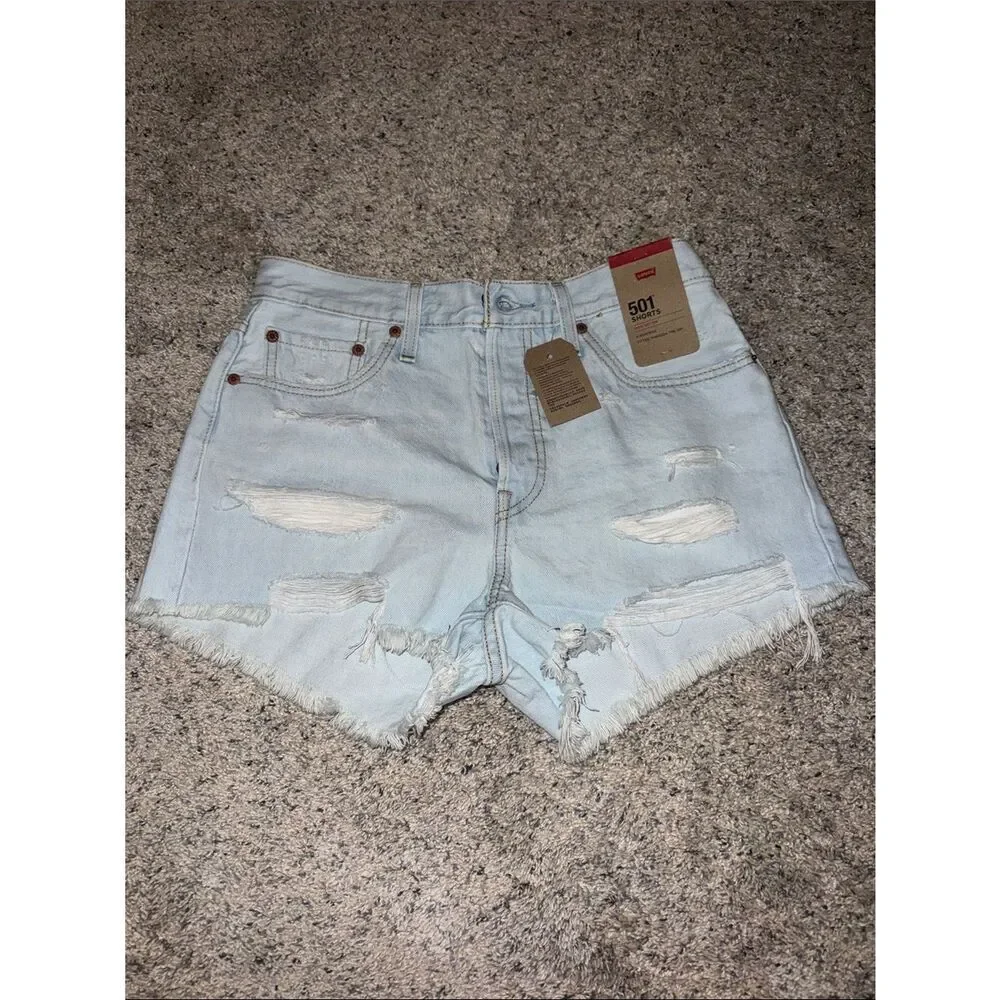 Levi's 501 Light Blue Distressed Denim Jean Shorts